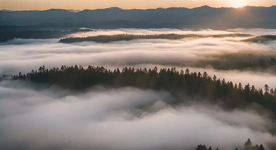 森林云海阳光山峰云雾大自然树林丁达尔效应