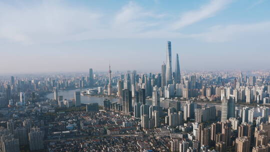 上海外滩大城市航拍蓝天高楼大厦黄浦江反光