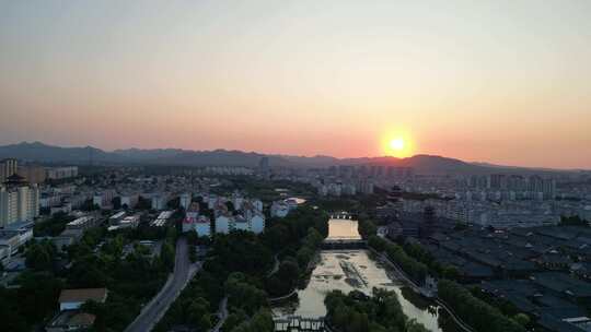 航拍山东潍坊青州古城夕阳晚霞