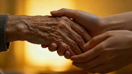 年轻人握住老人的手温暖治愈关爱视频