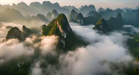 桂林山水风景山峰云海群山云雾缭绕自然风景