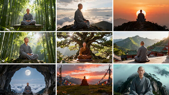 和尚僧人禅意修行山间打坐  禅 登高冥想