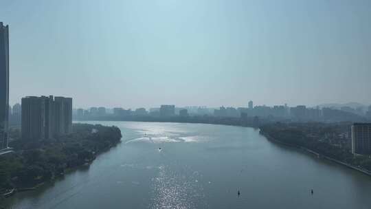 惠州东江风光航拍城市河流逆光风景