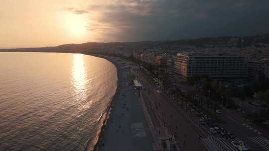 航拍法国摩纳哥尼斯海岸海滨城市日出日落视频素材模板下载