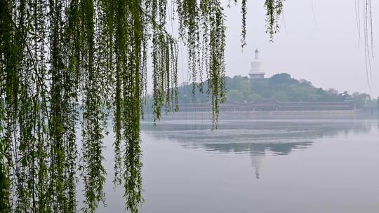 北京春天北海公园早晨湖面晨雾倒影风光