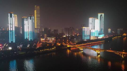 湖南长沙湘江橘子洲城市夜景灯光秀航拍