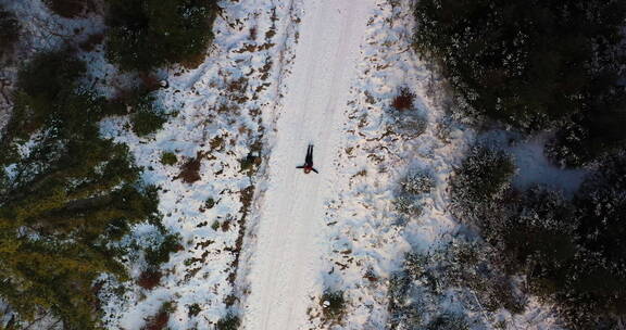 空中拍摄的女人躺在雪地上