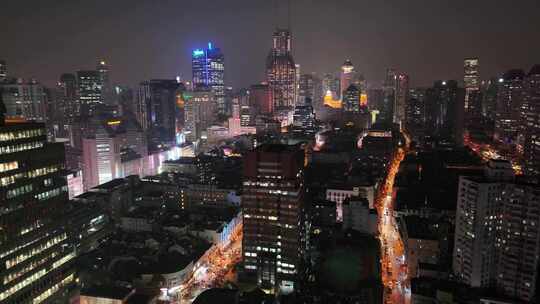 上海夜景航拍外滩南京东路黄浦区虹口区浦东