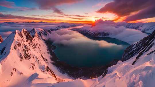 雪山湖泊日出全景