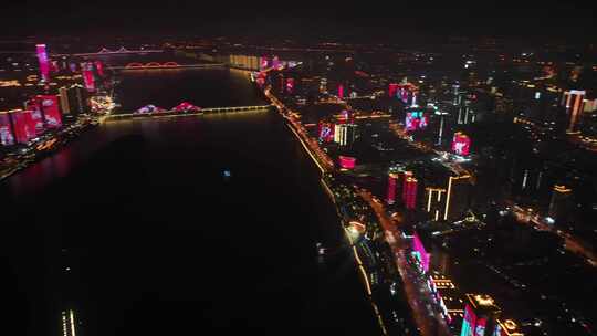 长沙城市夜景360度旋转鸟瞰湘江风光夜景