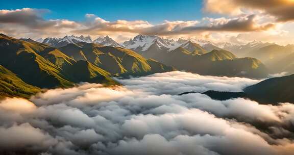 山间云海雪山全景