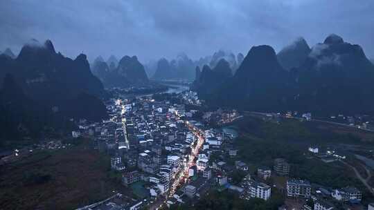 阳朔春节旅游旺季街道汽车拥堵航拍