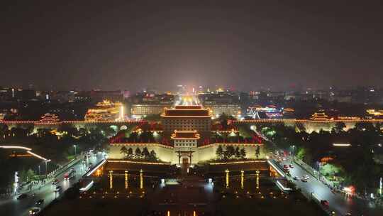 陕西西安永宁门夜景西安城墙夜景航拍