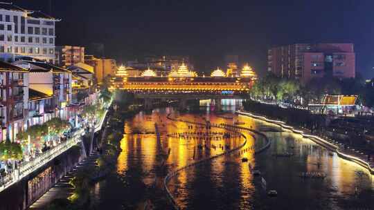 城市河流夜景廊桥风光