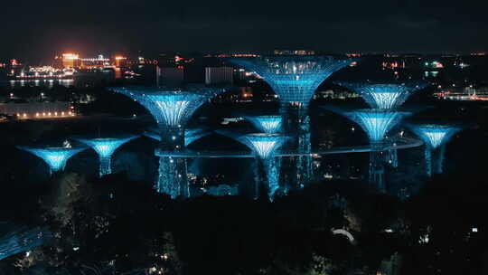 电影航拍空镜新加坡滨海湾花园夜景