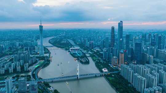 珠江新城日景落蓝调时刻航拍夜景前移