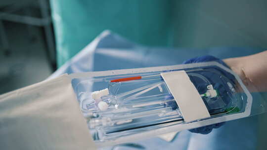 戴蓝色手套的人打开静脉手术工具的包装视频素材模板下载