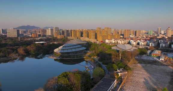 杭州拱墅区城北体育中心夕阳航拍