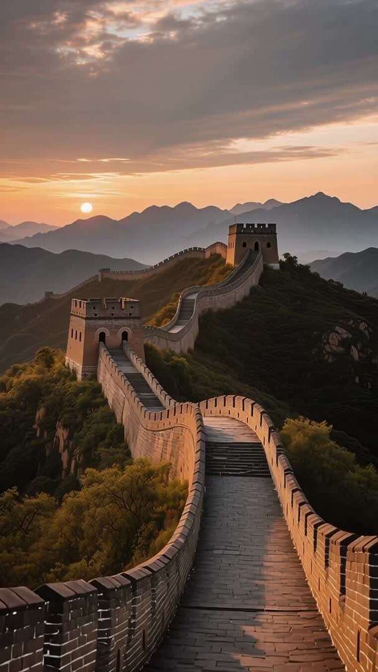 【竖屏】万里长城日出景色，四季长城云海