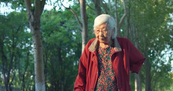老人老年女性拄着拐杖在公园散步