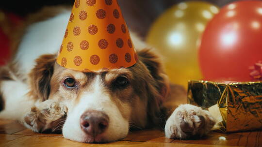 狗狗戴着生日礼帽趴在地板上