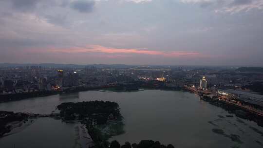 江苏南京夕阳晚霞夜幕降临夜景灯光航拍