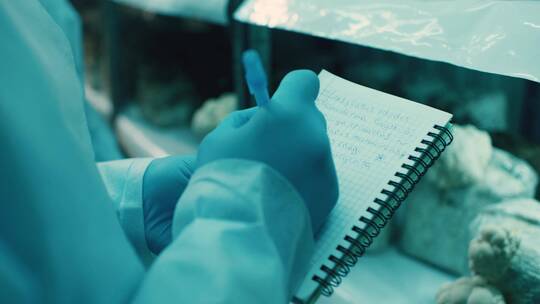 科学家在实验室观察记录蘑菇