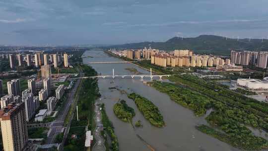 河南宜阳城市楼房河流环境航拍