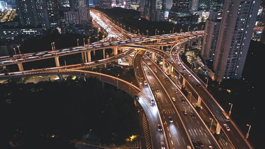 上海延安立交高架路夜景航拍