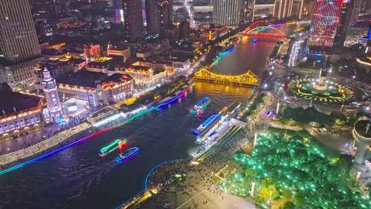 天津海河游船夜景航拍