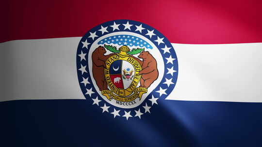 密苏里州国旗，织物纹理随风移动。挥舞的旗
