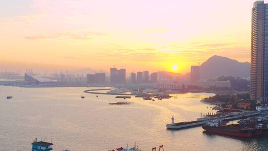 深圳蛇口码头港口落日海面航拍风光
