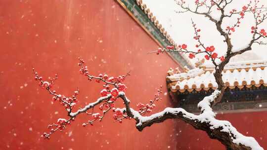 故宫红墙下雪中的梅花