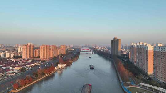 4K航拍昆山城市冬日日落风光建筑大景