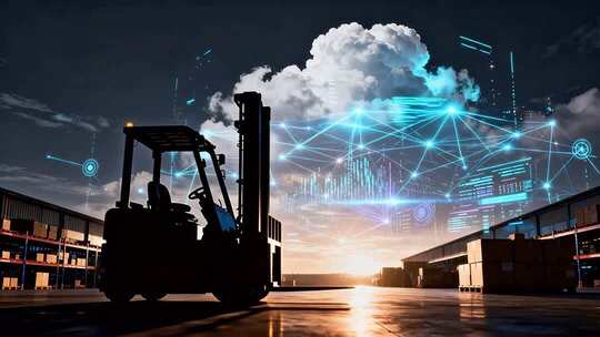 仓库叉车与科技感背景画面