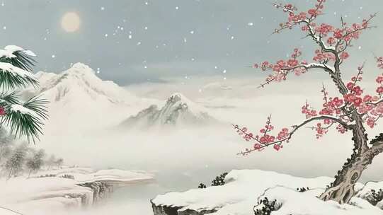 雪景中式山水梅花背景