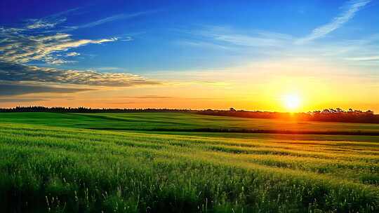 夕阳下金色稻田麦田丰收景象乡村田园