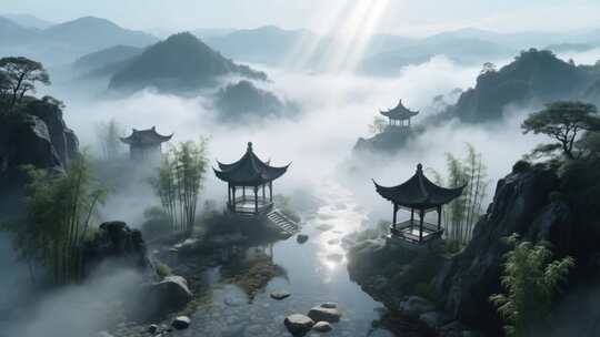 中式山水风景含古亭竹林