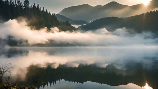 山林湖泊晨雾日出景观