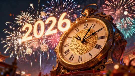 2026新年烟花与复古时钟画面