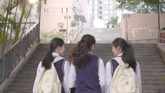 年轻女大学生蹦跳一起上学聊天爬楼梯背影