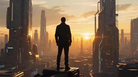 男子眺望未来科技城市