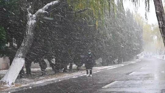 冬天大雪纷飞，一个人行走在街道上的慢镜头视频素材模板下载