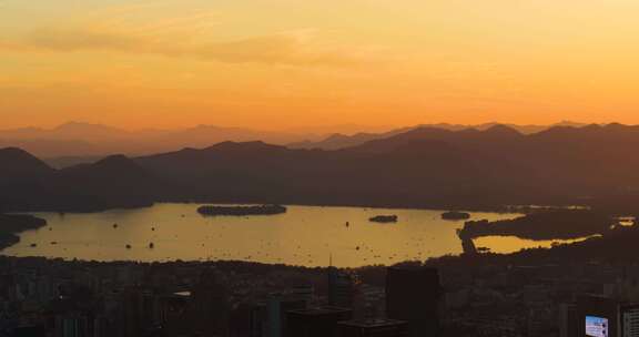 杭州上城区西湖湖滨夕阳风光航拍