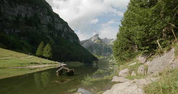 湖，Seealpsee，树木，山脉