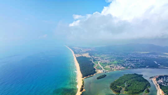 航拍海南陵水河入海口 椰子岛