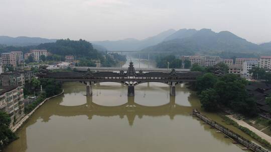 城市航拍少数民族特色建筑风雨桥