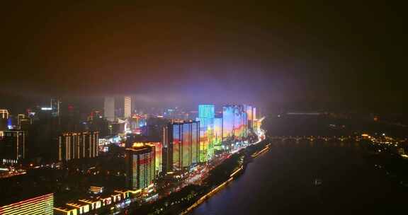 4k长沙湘江雨天夜景灯光秀航拍