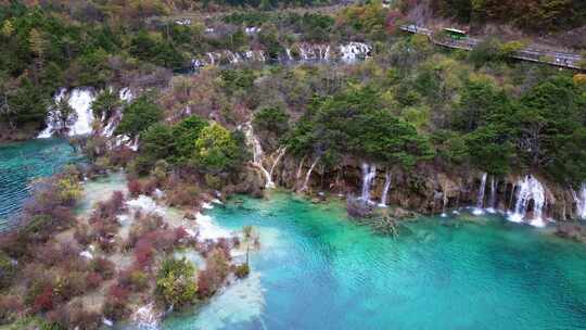 航拍九寨沟树正群海双龙海瀑布彩林钙华彩池