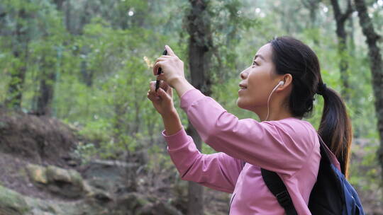 中国人女人树林徒步旅游拍照视频对话看风景